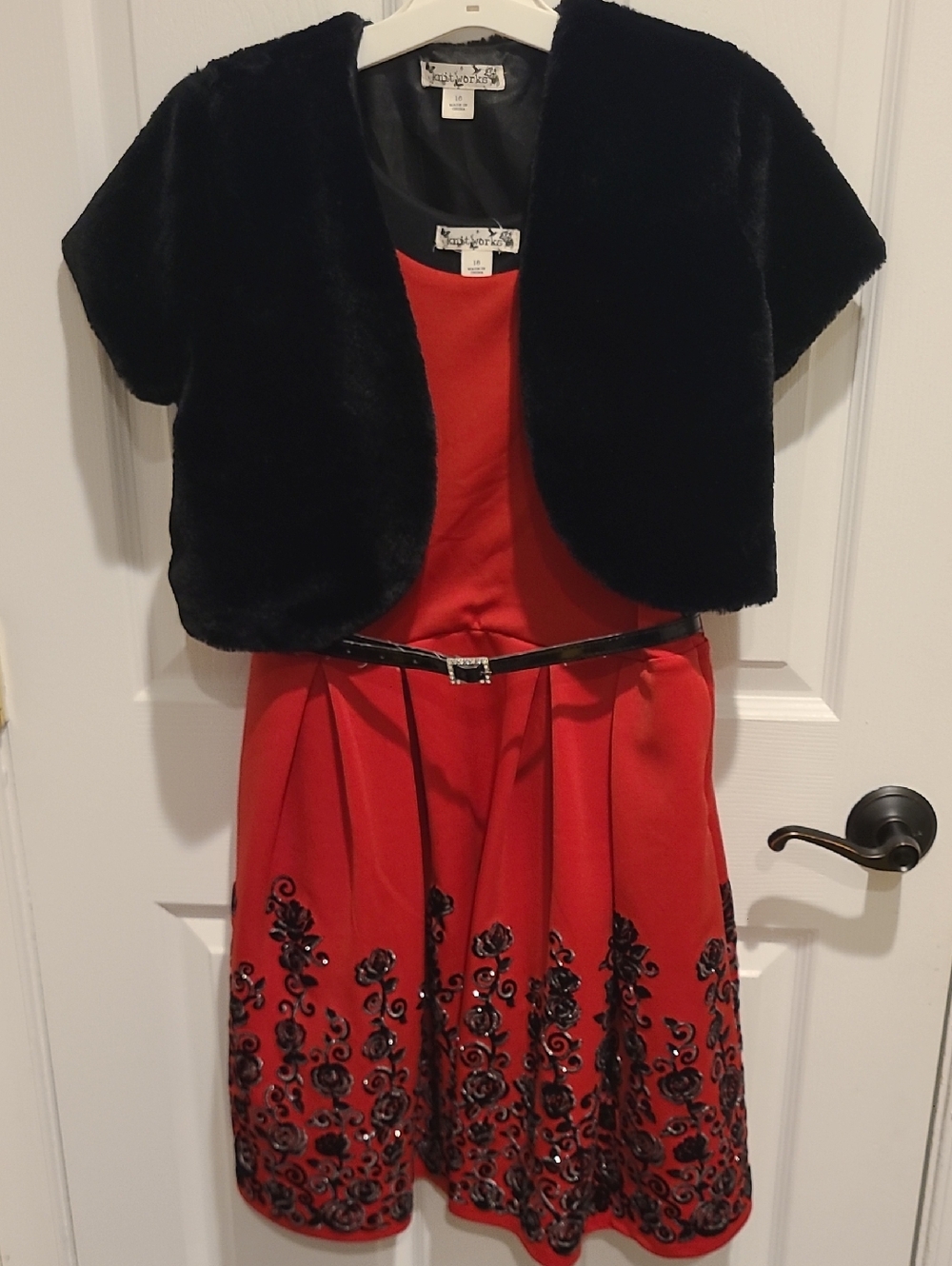 Knitworks Black Faux Fur Bolero with Red Embroidered Dress